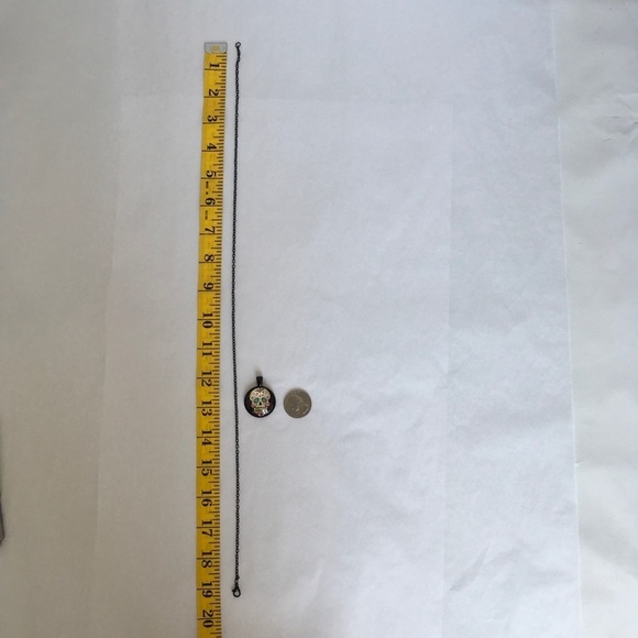 Sugar Skull Necklace Glass Cabochon Raised Glass Black 19 inch Chain Multicolor - Picture 3 of 10